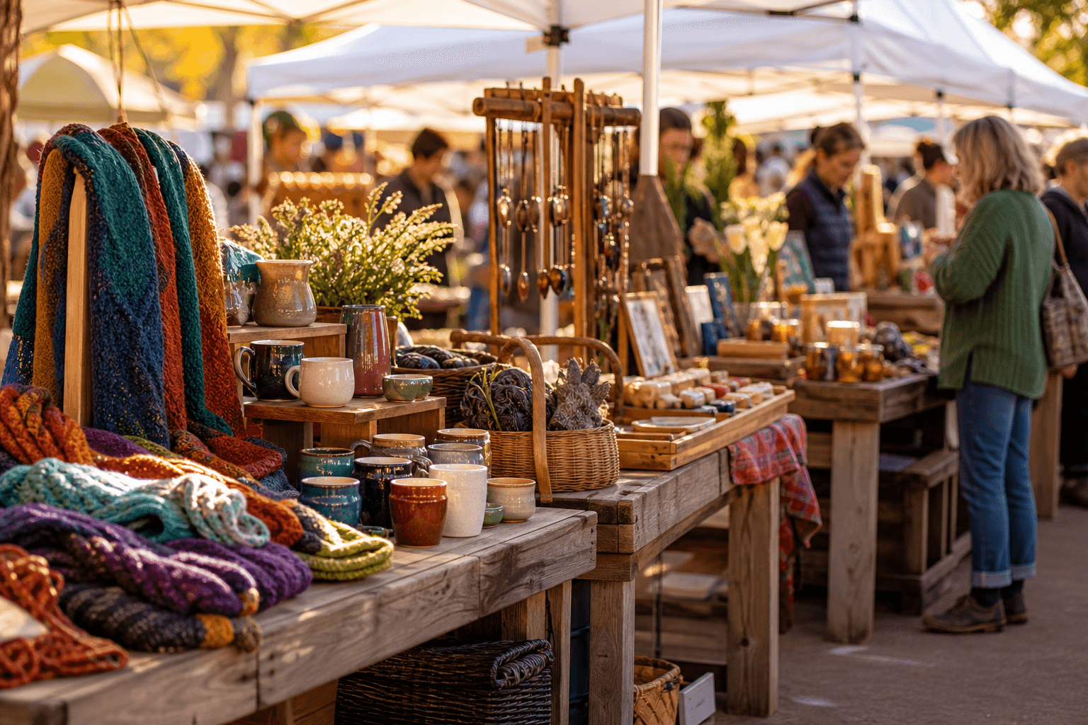 A row of outdoor market tables displaying handmade crafts, ceramics, and woven goods