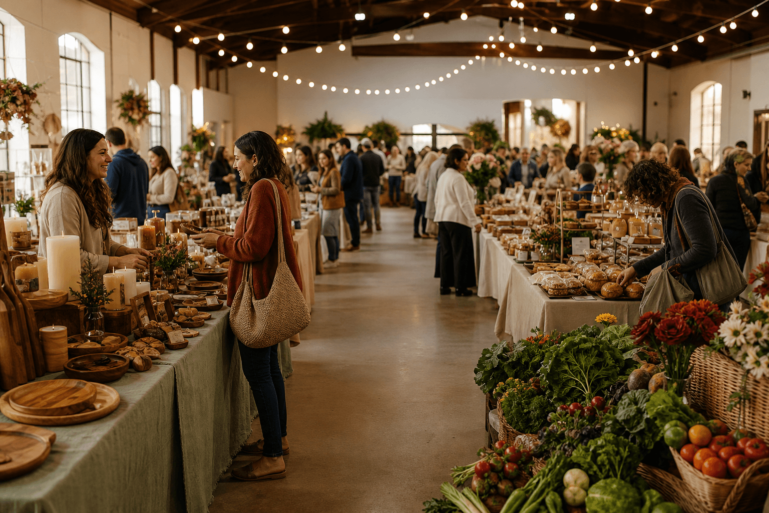 Indoor makers market with handmade crafts, ceramics, and artisan goods on display