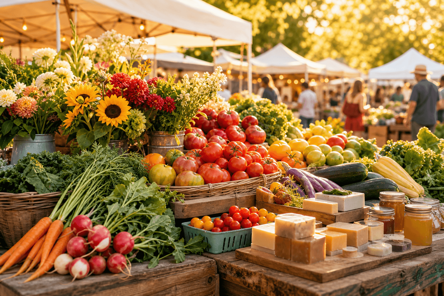 Farm-fresh produce, flowers, honey, jam, and handmade goods at a warm outdoor market