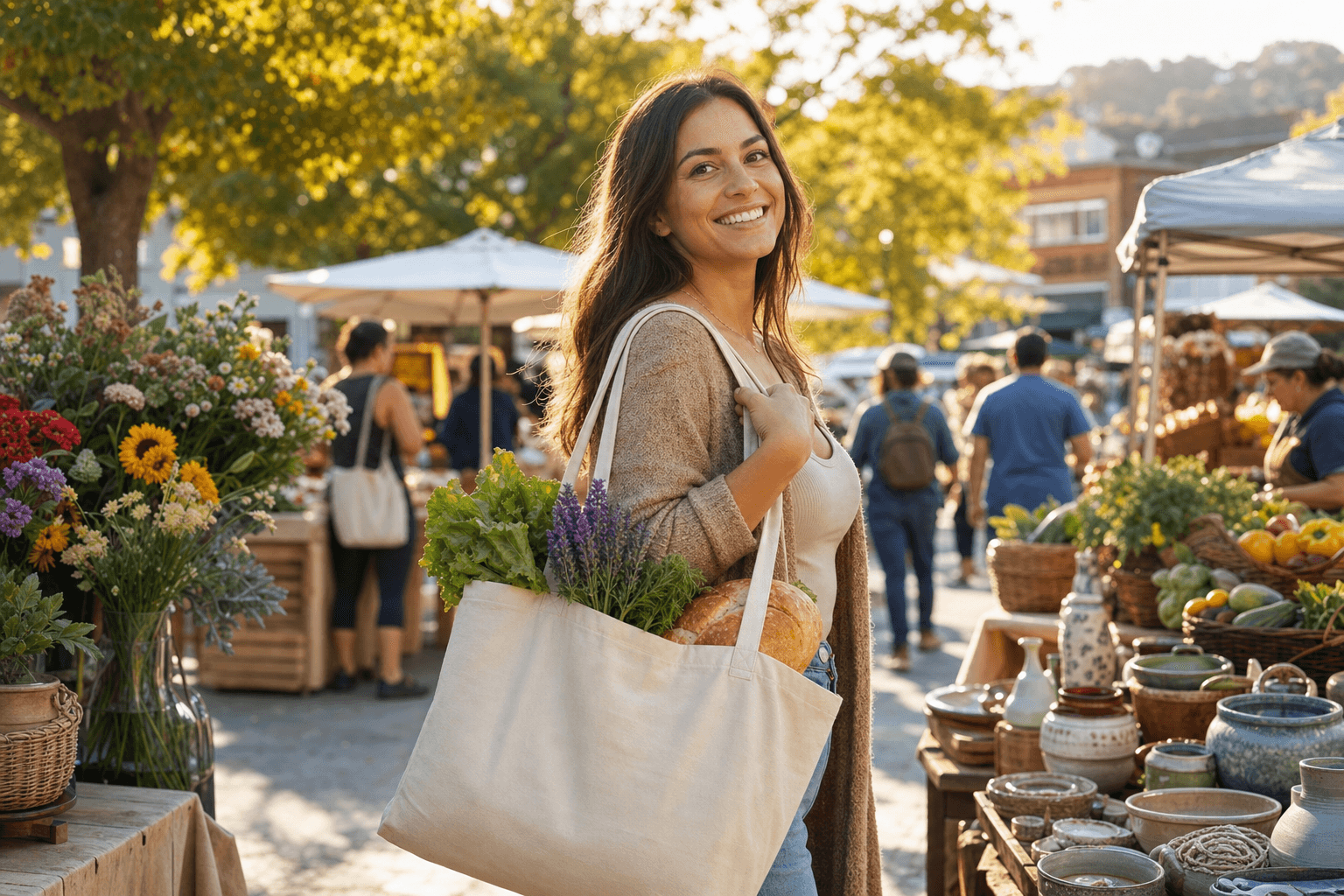 Shopper with a tote bag of local market finds among colorful community market stalls