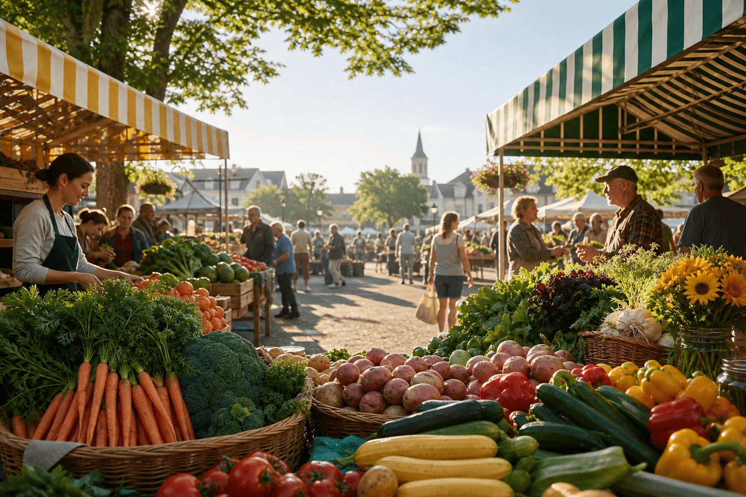 Sunlit outdoor community market with colorful vendor tents and shoppers strolling the aisles